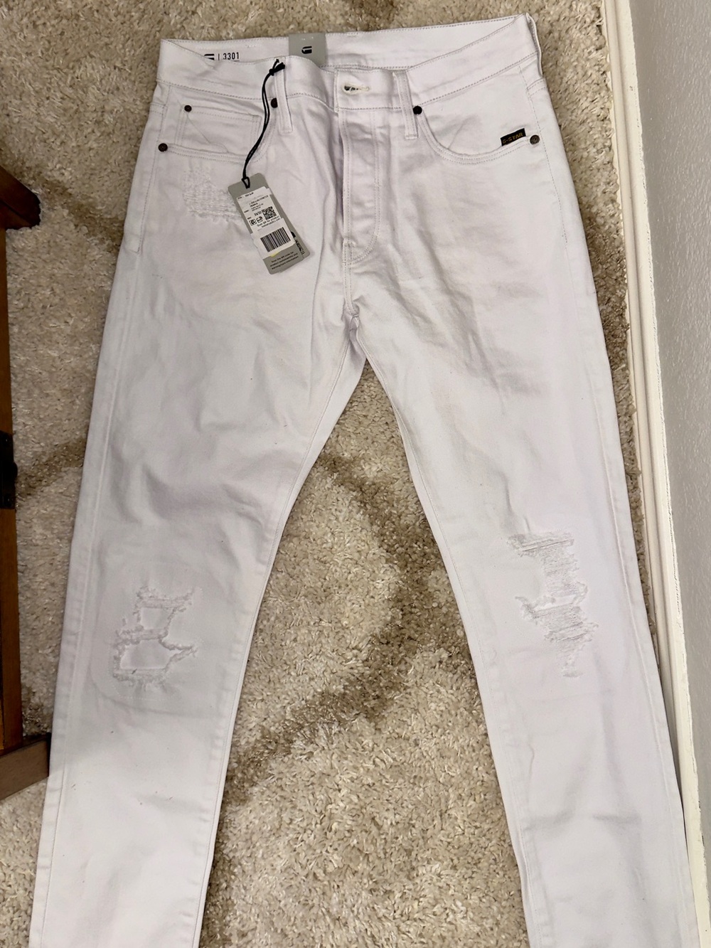 G-Star RAW 3301 Slim Jeans Paper White GD Destroyed Steer Ecru NWT 33x32